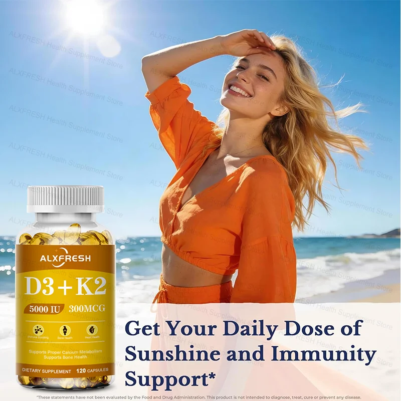 D3K2 Vitamin Capsules 5000 IU 300 mcg for Calcium Absorption, Bone, Teeth, Immune & Heart Health Non-GMO