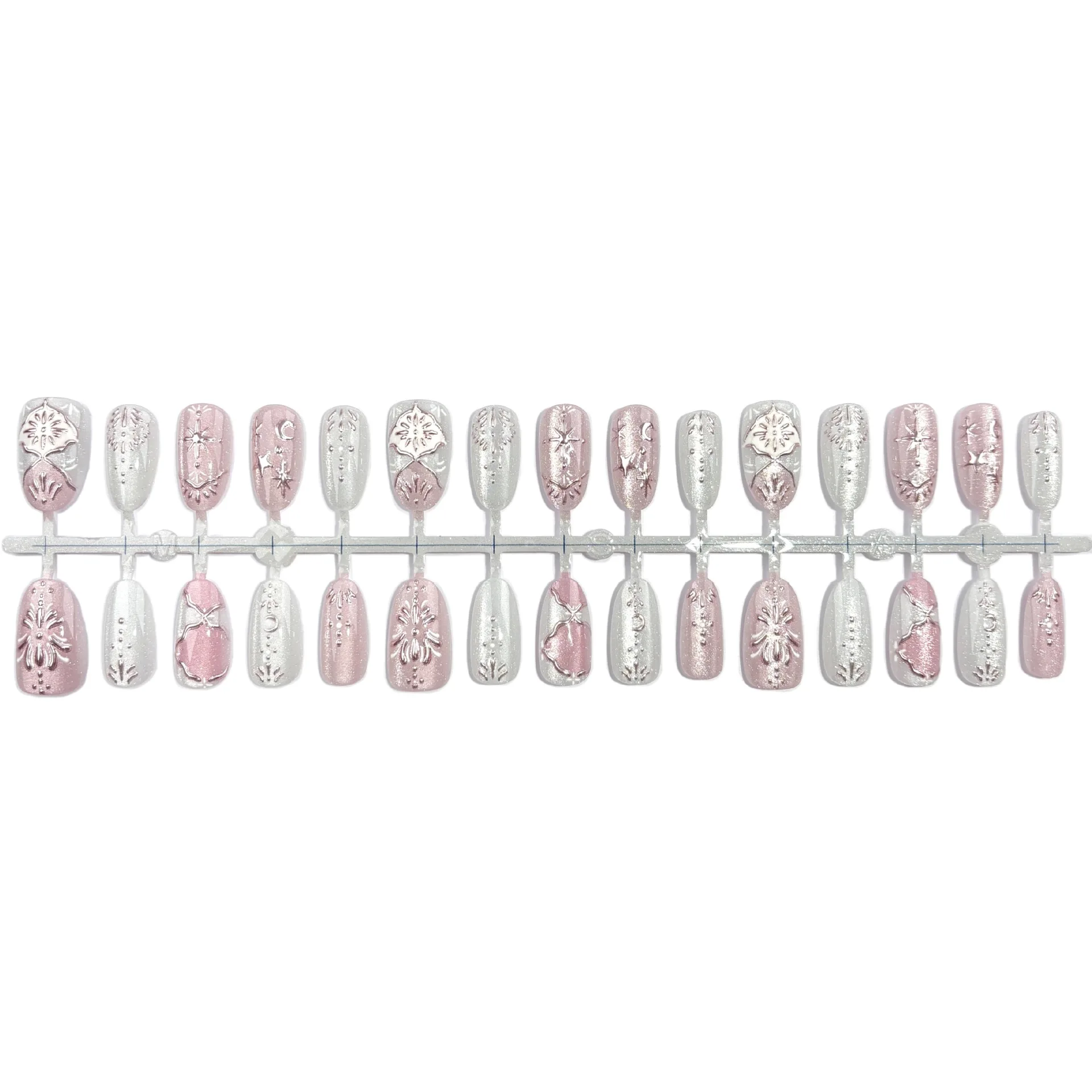 24pcs Pink Cat Eye Moon Star Press on Nail Glitter Golden Line Fake Nail Short Oval Full Coverage Nail Tips for Women False Nail 5