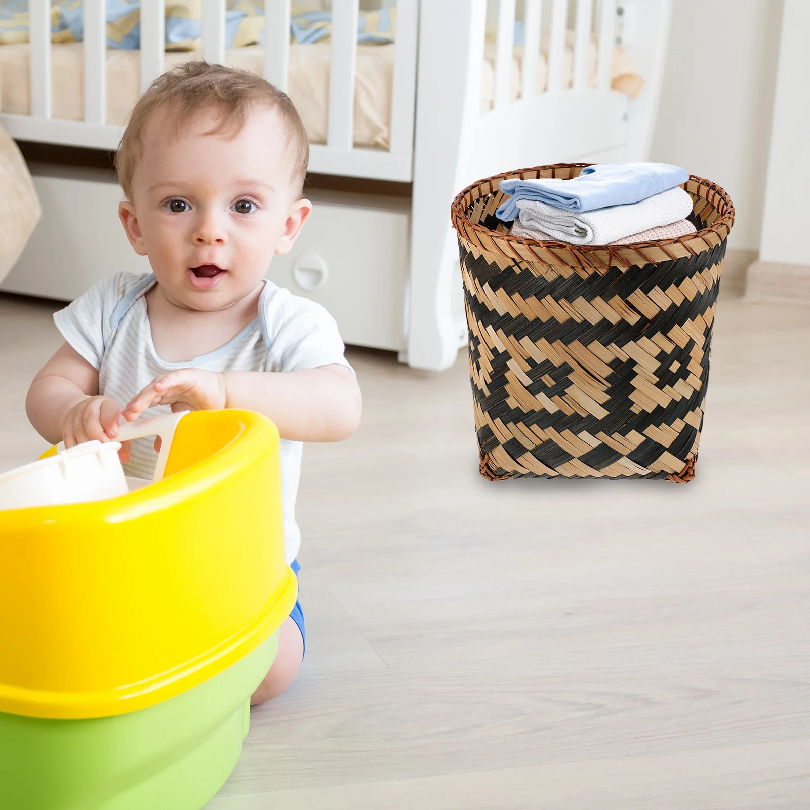 

Bamboo Trash Can Woven Basket Large Size Retro Kitchen Living Room Storage Waste Paper Bin Garbage ganizer Eco Friendly