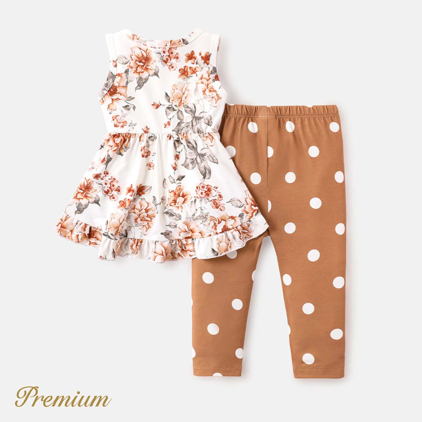 PatPat 2pcs Baby Girl Floral Print Ruffle Sleeveless Naia™ Tee and Polka dots Leggings Set