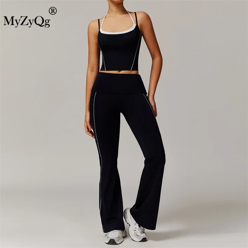 MyZyQg Women Yoga Vest  Flared Pant Sets Sports Fitness Running Hanging Neck Beautiful Back Yoga Suit Pant Suit Fitness Clothes