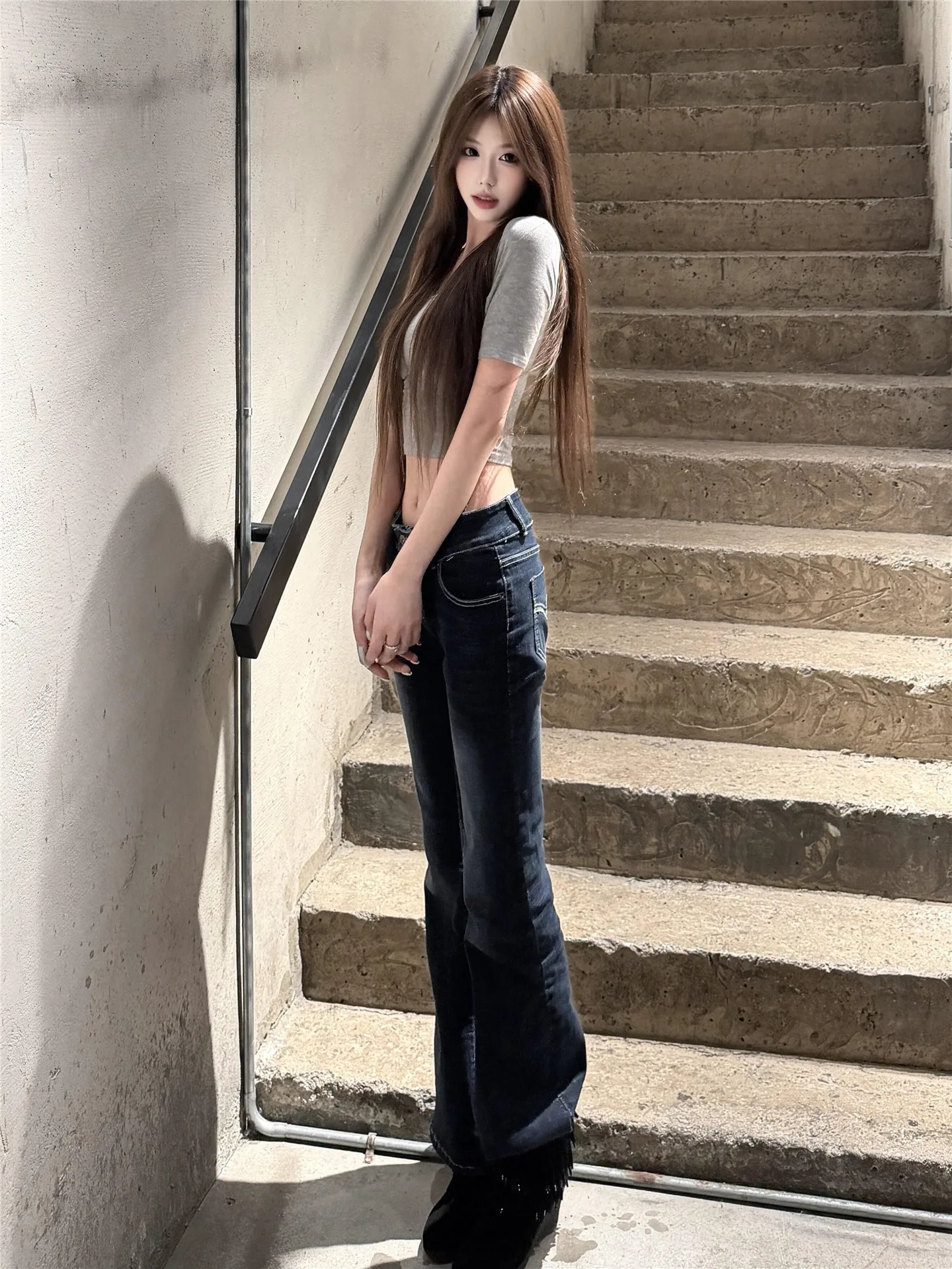 

American Retro Vintage Millennium Sexy Low Waist Flared Jeans Women's Spring Slimming Floor-Length Pants Casual Cotton Denim