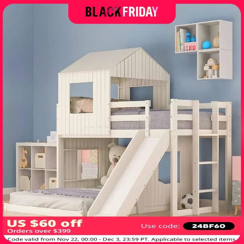 Floor Bunk Beds with Slide, with Slide, Roof and Guard Rail for Kids, Teens,No Box Spring Needed,Wooden Twin Over Full Bunk Beds