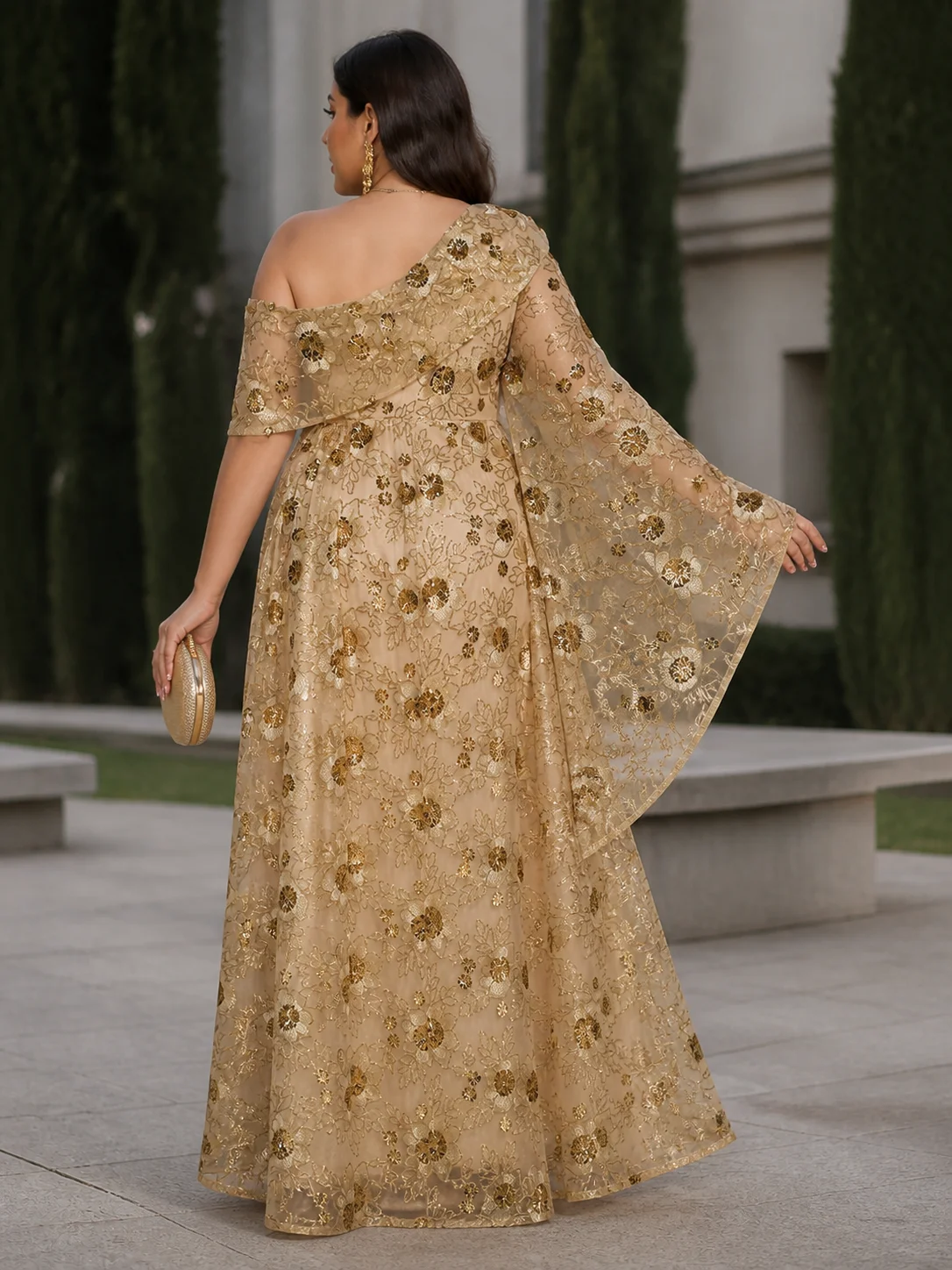 Plus Size Women’s Elegant One Shoulder Evening Gown, Gold Floral Long Dress for Party and Ceremony, Slimming Fit with Chic Sleev