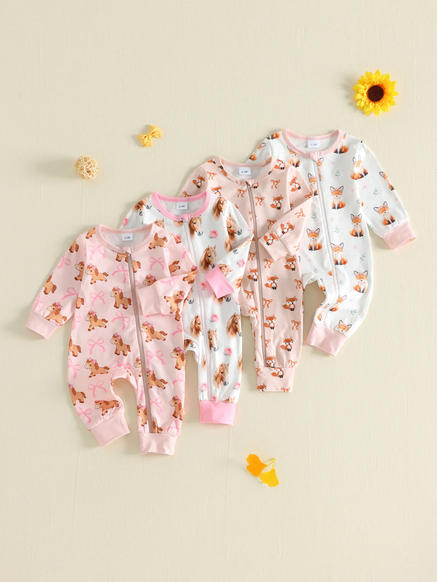 Fall Romper-Long Baby Girl Fall Round Neck Animal Long-Sleeve-Round Girl-Fall-Romper Baby Girl Fall Premium Fall Romper-Long