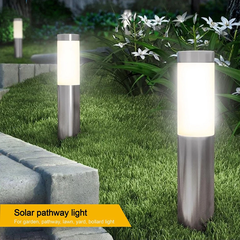 Luz LED solar cilíndrica moderna, aço inoxidável, impermeável, ao ar livre, gramado, pátio, jardim, paisagem, 2 pacotes