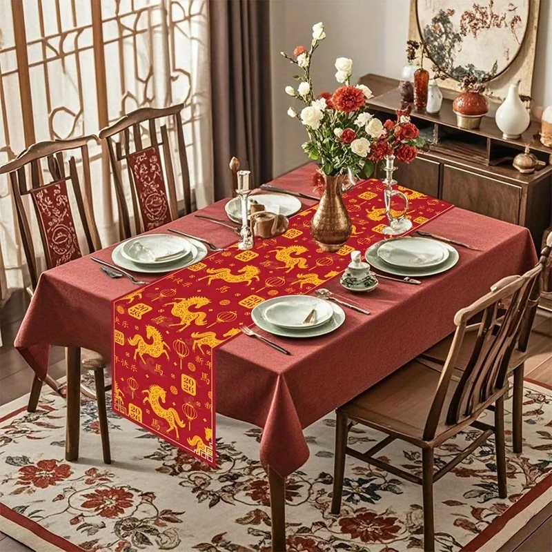 مفرش طاولة السنة الصينية الجديدة لعام 2026 | نمط الحصان والذهبي والأحمر والفانوس | هدية مثالية لمهرجان الربيع للتجمعات العائلية #3