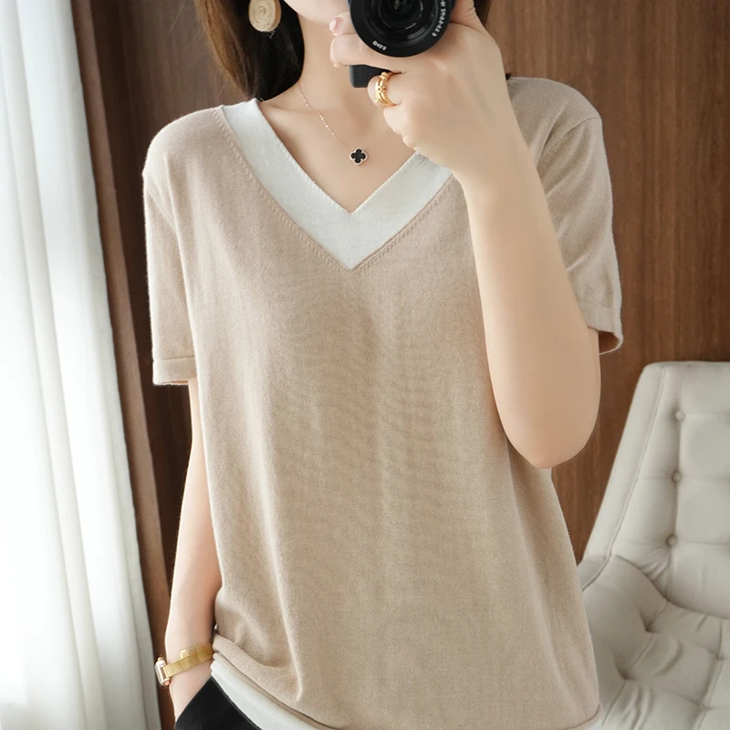 

T-shirt Women's V-Neck Knitted Color Contrast Pullover Short Sleeve Summer New 100% Cotton Loose Casual Top Korean Fashion T-sh