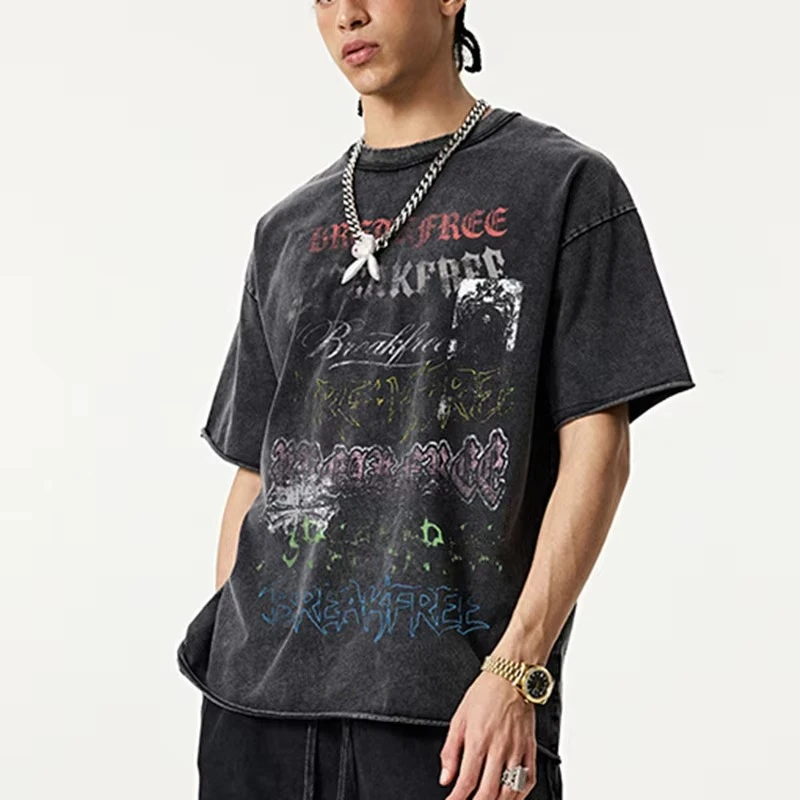 American Retro Heavyweight Cotton Washed Tshirt Print Casual Streetwear Short Sleeve Top UPS/FEDEX Air, 3-5Day Delivery