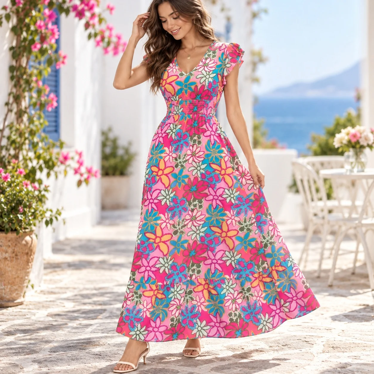 Puff Short Sleeves Printed Dresses a Line Refined Commuter with V Neck Elegant and Refined Spring Single Dresses for Women