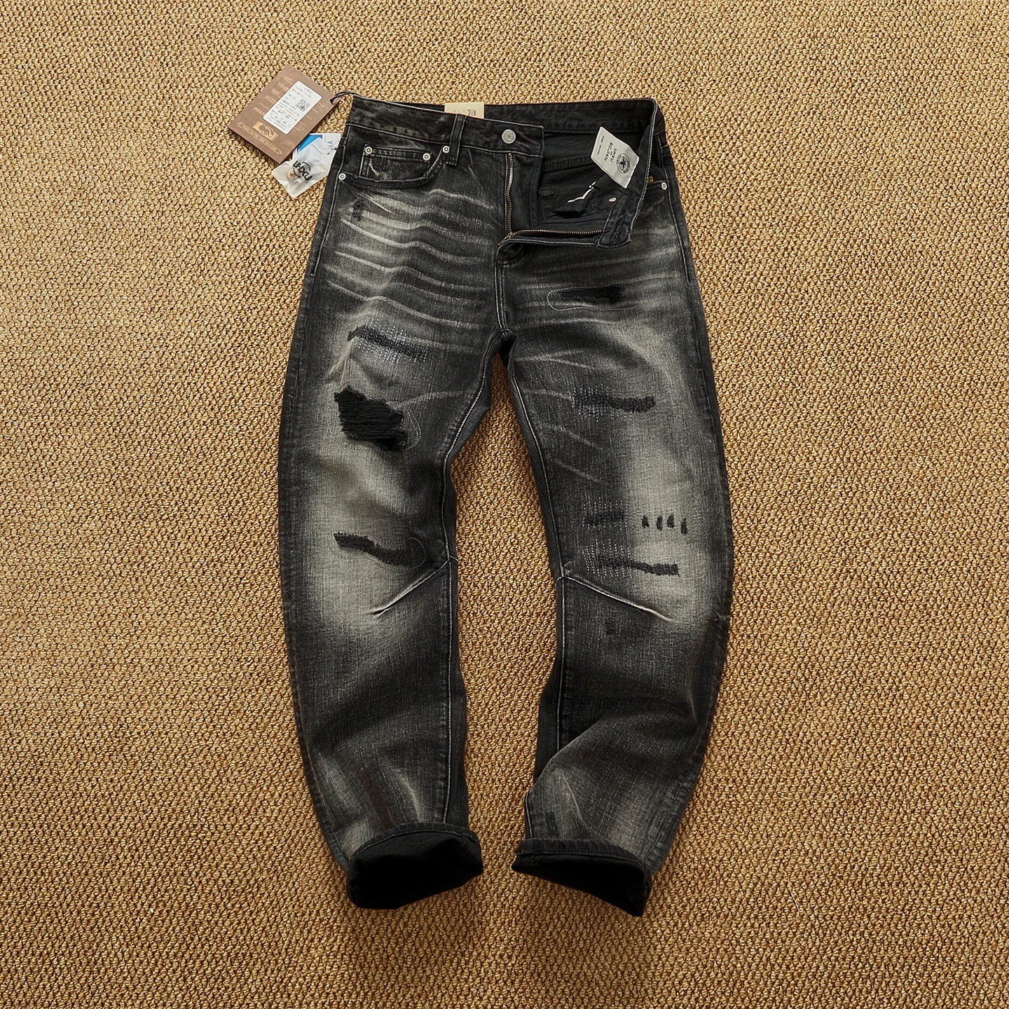 กางเกงยีนส์เดนิมทรงตรงสไตล์อเมริกันเรโทรใหม่ประจำฤดูใบไม้ร่วง-ฤดูหนาวปี 2025 ผ้าคอตตอน 100% ซักฟอกแบบวินเทจ แฟชั่นผู้ชาย สไตล์ลำลอง