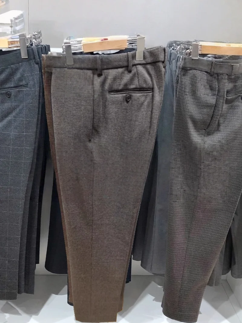 

Pure Sle Men's Autumn Winter Casual Pants Tailored Fit Micro Stretch Plaid Straight Leg Trousers Button Closure Commute Sle