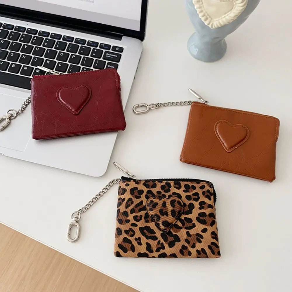 Lightweight Leopard Print Coin Purse Zipper PU Leather Card Holder Heart Shaped Cash Coin Bag Travel