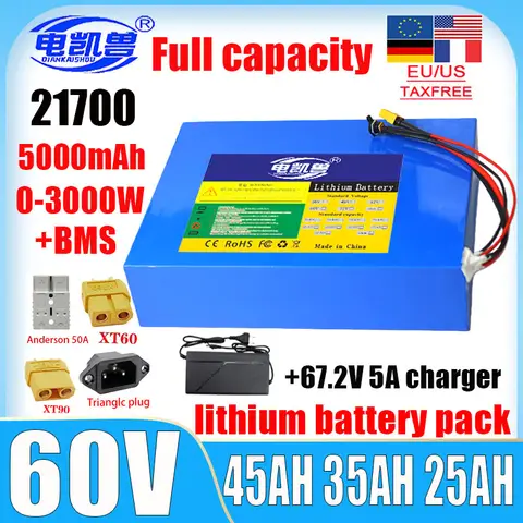 새로운 21700 리튬 이온 배터리 팩 60V DIY 45Ah 35Ah 25Ah 15Ah 0-3000W 고출력 전동 공구 내장형 BMS +67.2V 5A 충전기