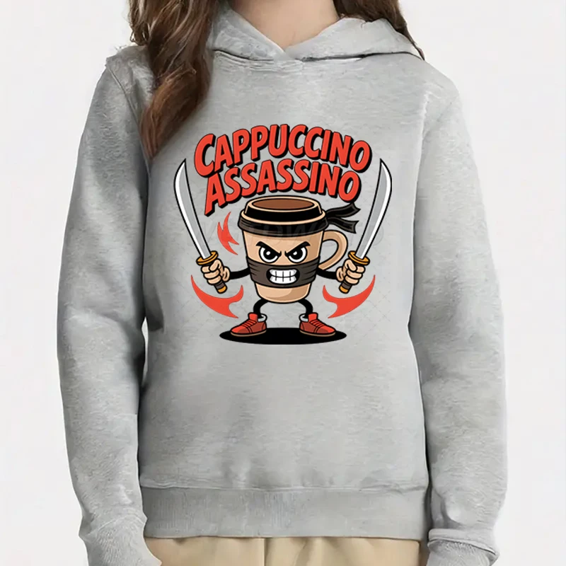 

Cappuccino Assassin Kids Hooded Shirt Italian Brainrot Children Clothes Girl Boy Pullovers Funny Meme Children's Clothing Tops