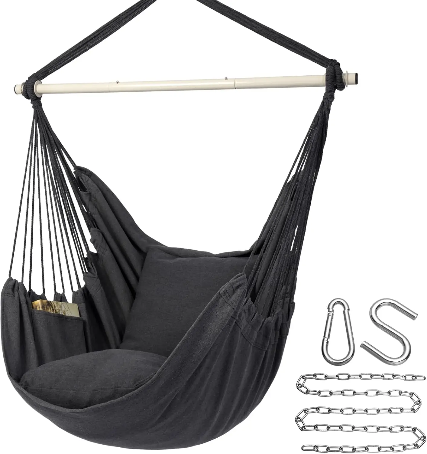

Hammock Chair with Steel Spreader Bar, Max 500 Lbs Capacity, Includes 2 Seat Cushions for Indoor and Outdoor Use in Dark Grey