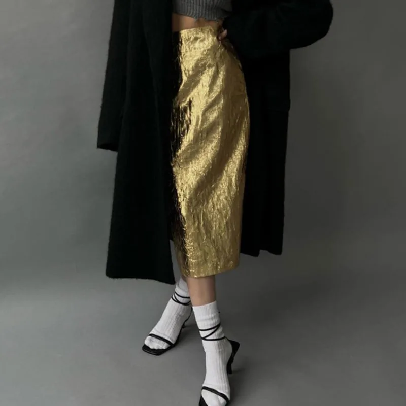 EAEOVNI 2026 printemps nouvelle jupe femme plis conception couleur unie fendu élégant jupe longue vêtements de sport