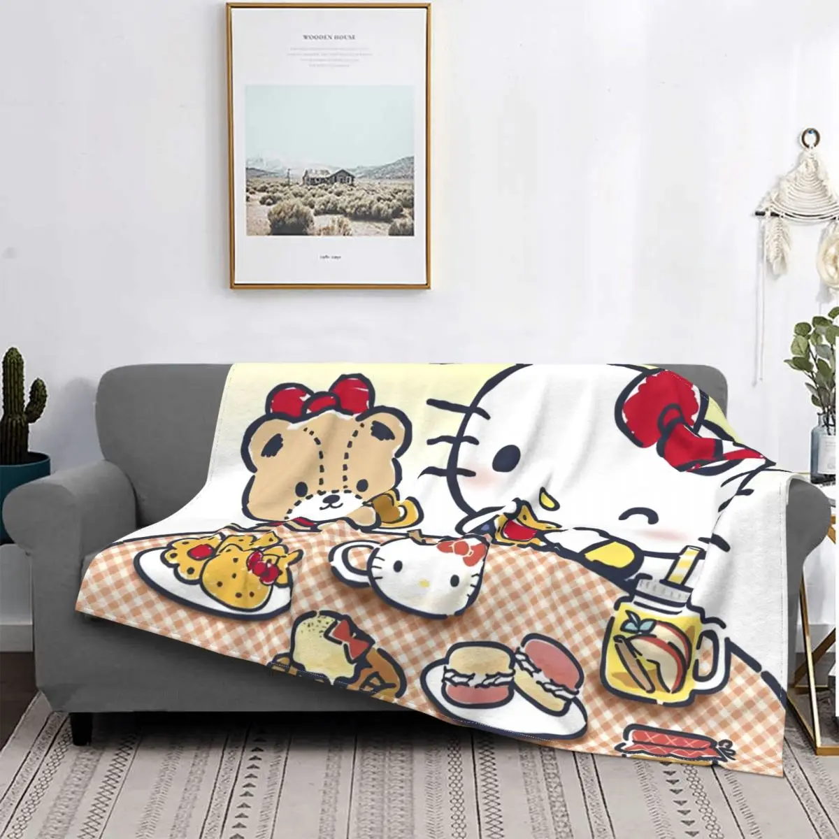 Official Hello Kitty Bear Eating Blankets Flannel Autumn/Winter Portable Ultra-Soft Throw Blanket for Home Bedroom Quilt