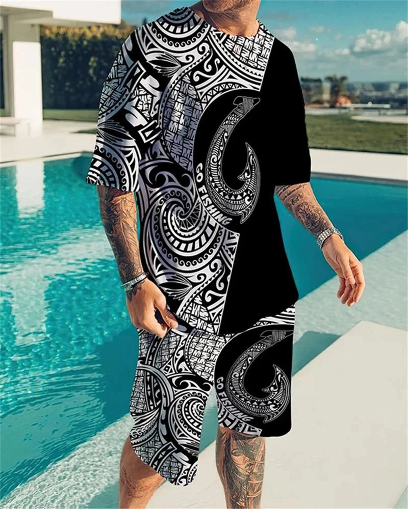New Summer Men Sets Shorts Outfits Male Tees Street T Shirt Two Piece 3D Print Casual O-Neck Tracksuit Oversized T Shirt Beach