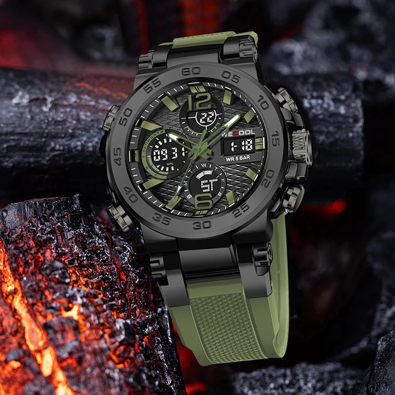WECOOL Brand Dual Display Digital W-822 50M Waterproof Alarm Clock Luminous Watch For Man