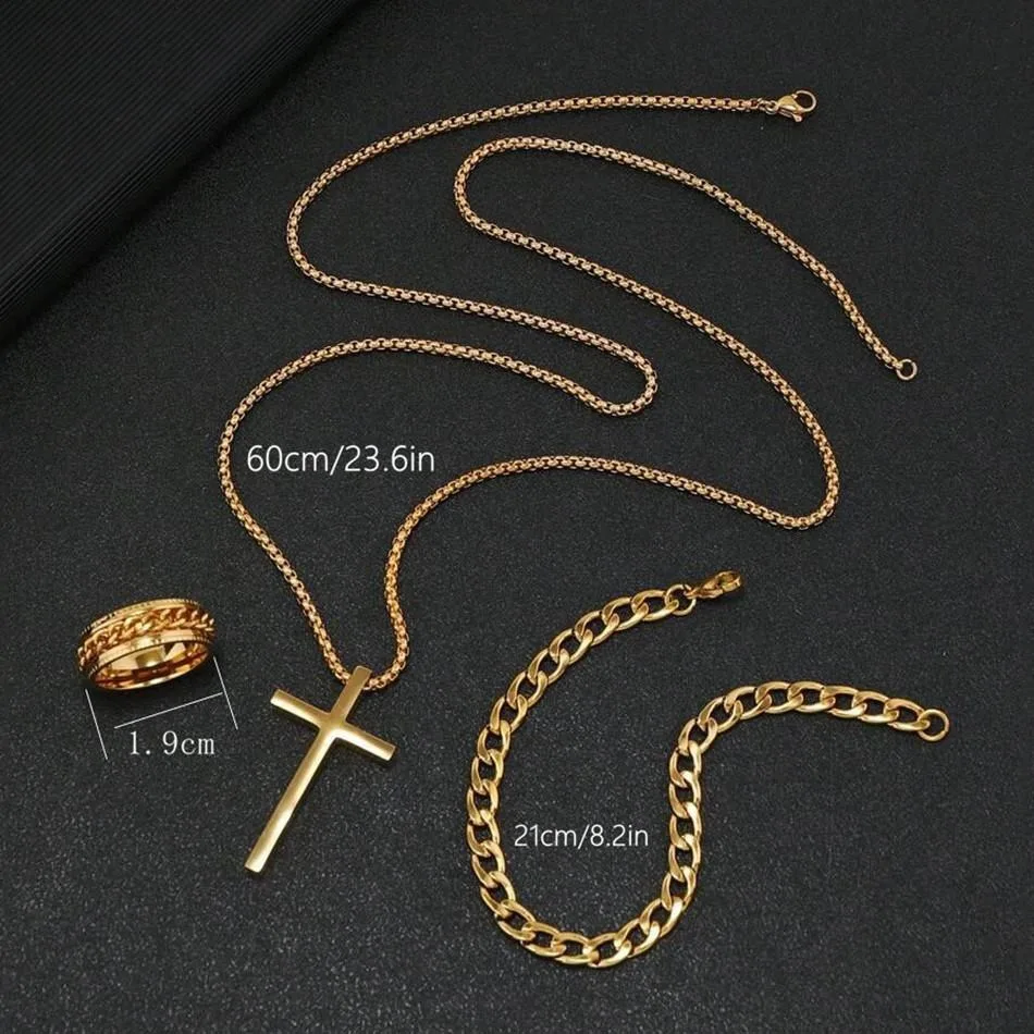 남성용 시계 세트, 패션 캐주얼 고무 3 다이얼 쿼츠 시계, 무료 목걸이 팔찌 반지, 4 개