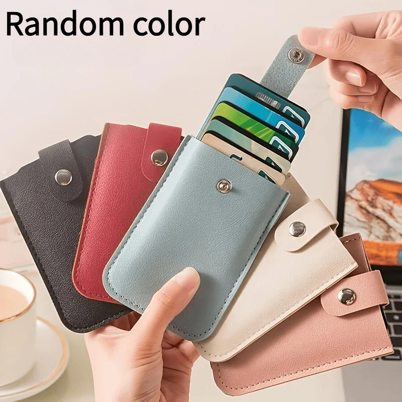 2pcs Random Color Retractable Faux Leather Credit Card Holders, Snap Closure Ultra-Thin Pocket Wallets, Credit Card Organizers