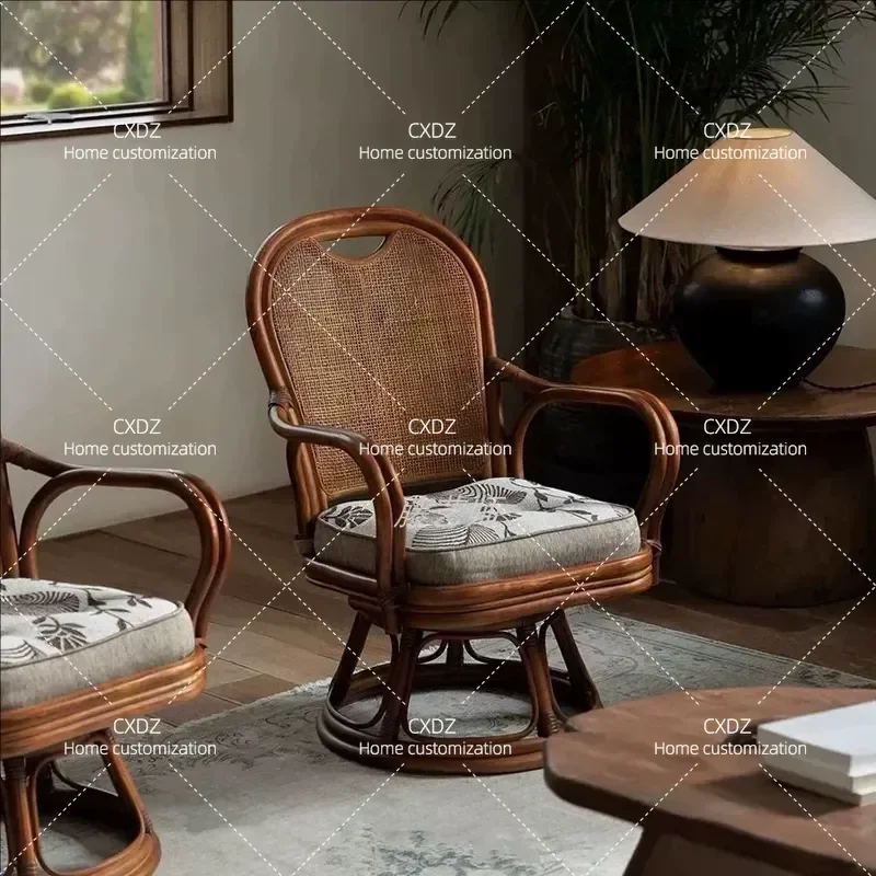 Japanese Rattan Chair Rotatable Single Small Sofa Tea Room Leisure Home Balcony Back Recliner