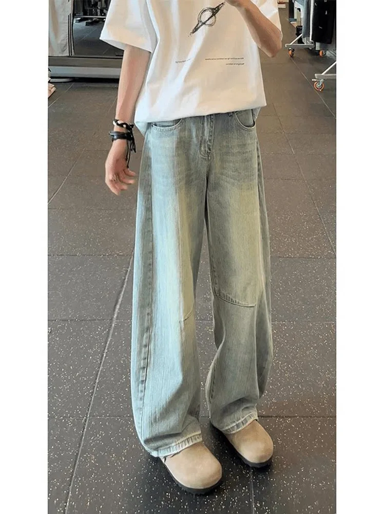 Retro Blue Bamboo Knot Pattern Deconstructed Blade Jeans Men's Summer Thin Waist up Micro Flared Jeans Washed Denim Jeans