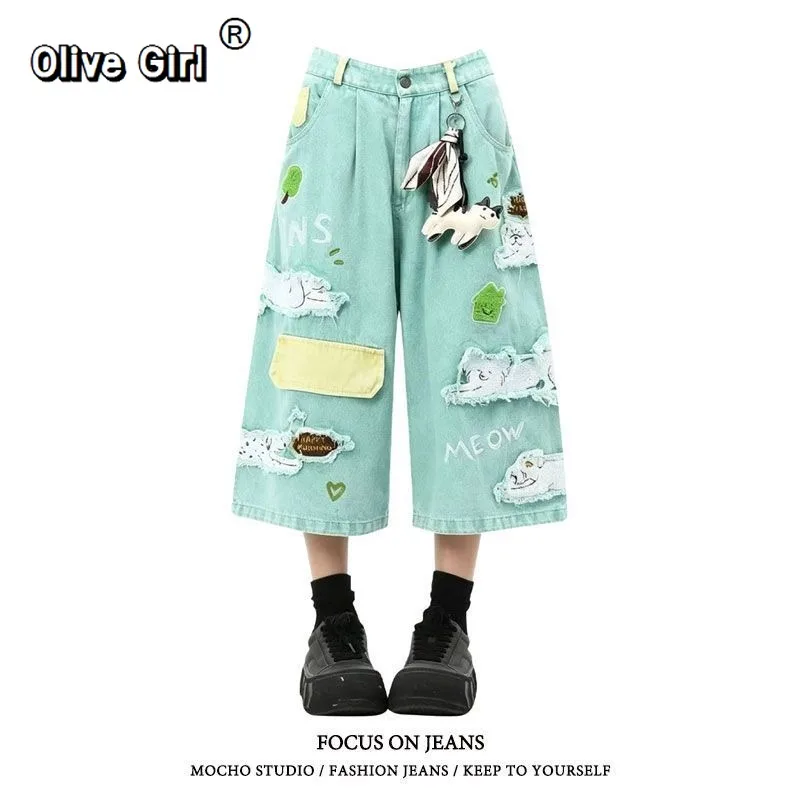Olivegirl Women's Denim Jeans Pants American Sweet Cool Plus-Size Cartoon Appliqu Loose Straight Slim Wide Leg Mid-Rise Trousers