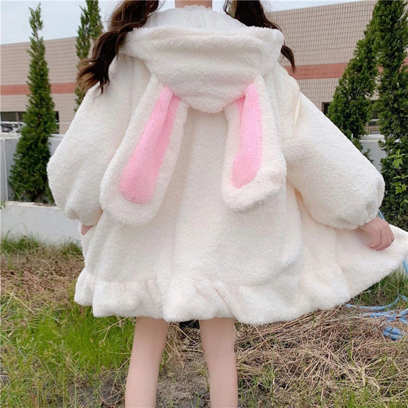 2024 Japanese Cute Velvet Rabbit Ears Hoodies Autumn New Thicked Warm Lambswool Sweatshirts Y2k E-Girl Long Sleeve Tops Women