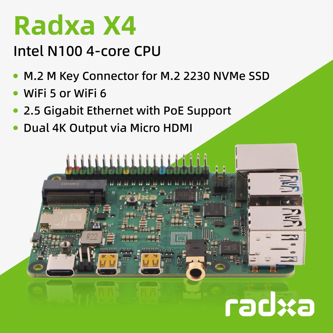 

Radxa X4 с Intel N100, двойным выходом 4K, Ethernet 2,5 Гбит/с, клавиша PCIe 3.0 M.2 M, Wi-Fi 5/6, высокопроизводительный SBC