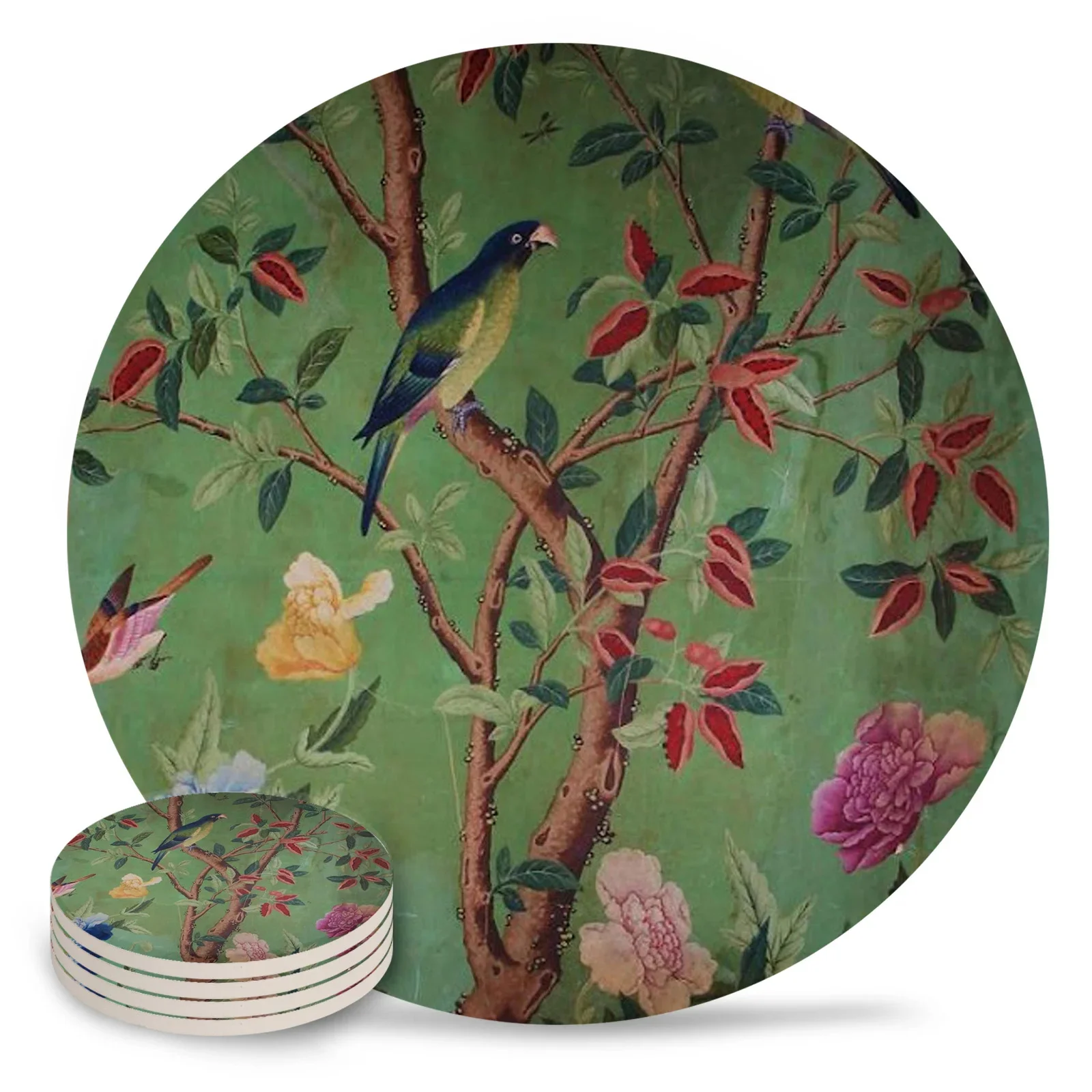 Light Green Red Chinoiserie Coasters Waterproof Placemats for Table Christmas Home Decor Coffee Table Decor Ceramic Coasters