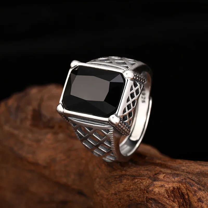 S925 Sterling Silver Black Zircon Adjustable Ring Punk Style Old Process Plaid Free Size Women Fine Jewelry FYRNG162