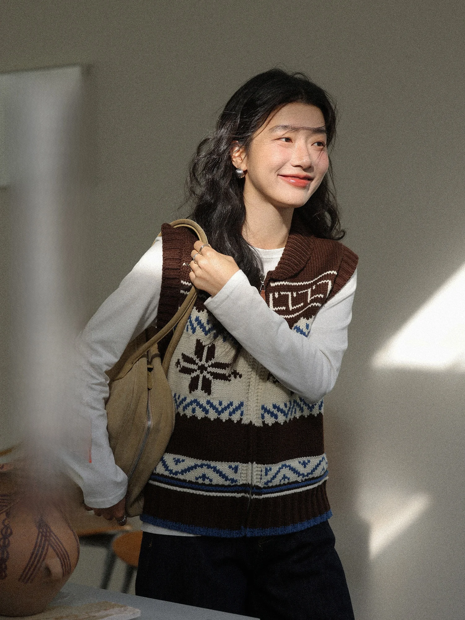 

Khaki Floral Knitted Vest Women's Winter Outerwear Faionable Layering Top Loose Fit Zipper Closure Geometry Pattern