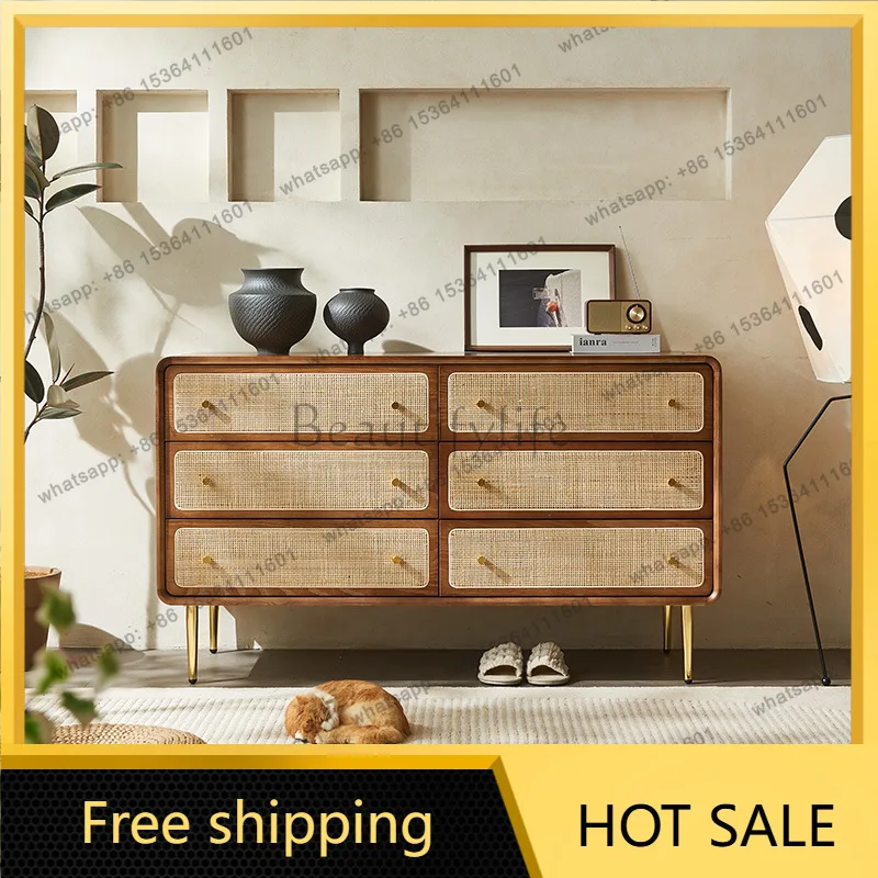 FG Nordic solid wood rattan weaving vintage wabi-sabi style sideboard drawer storage entryway cabinet