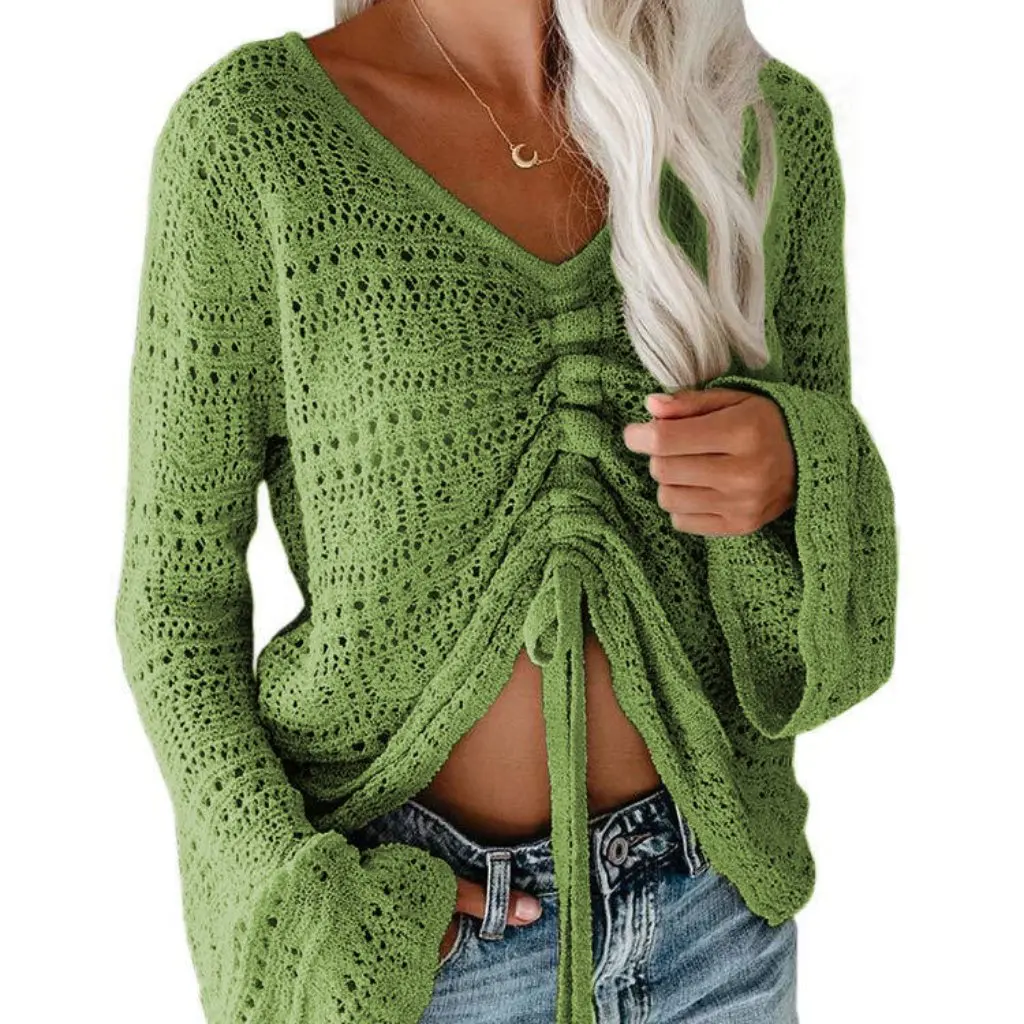

Summer Women's Off-the-Shoulder Knitted Sweater European American Style Beachwear Hollow Bell Sleeve Drawstring Top