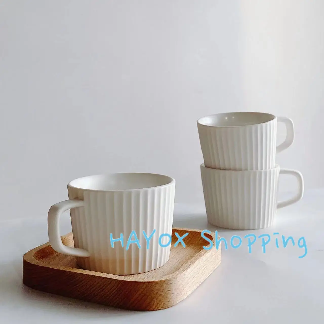 Striped Design Style Ceramic Coffee Cup，3D Dull Polish Scrub Household Water Cup with Handle Oatmeal Breakfast Mug Drinkware