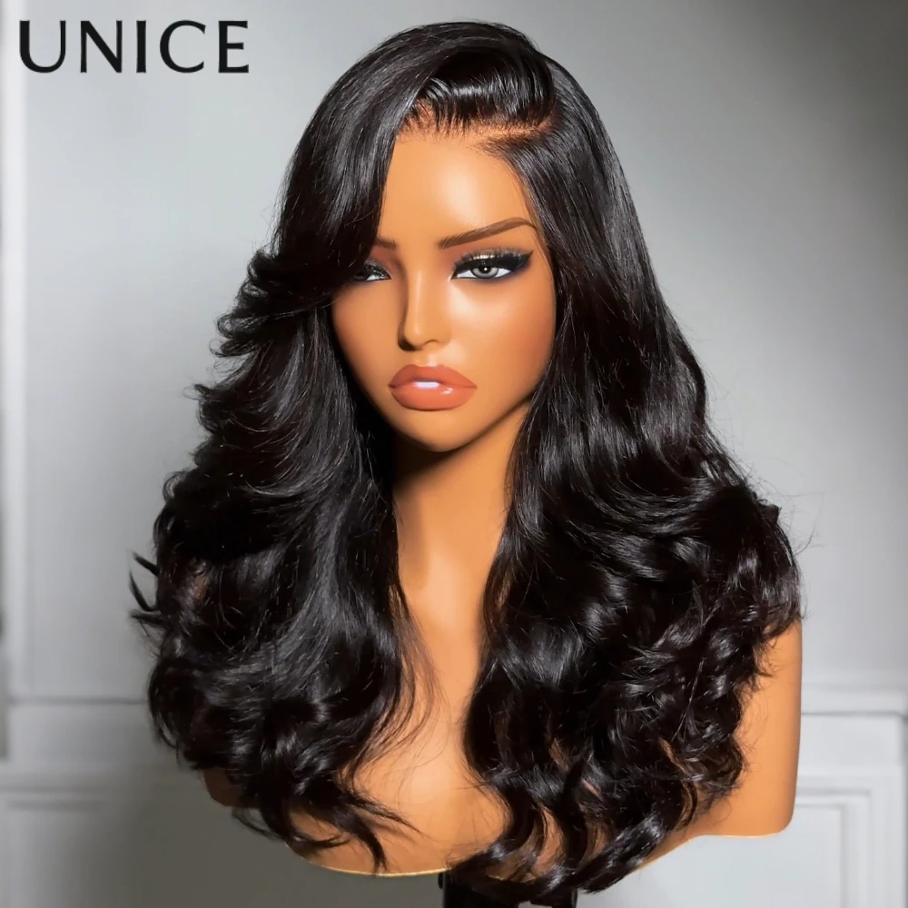UNICE 200% Density Layered Cut Left Side Part Wavy Wig With Secure Silicone Strips & Drawstring Pre Cut 7x5 Lace Glueless Wig