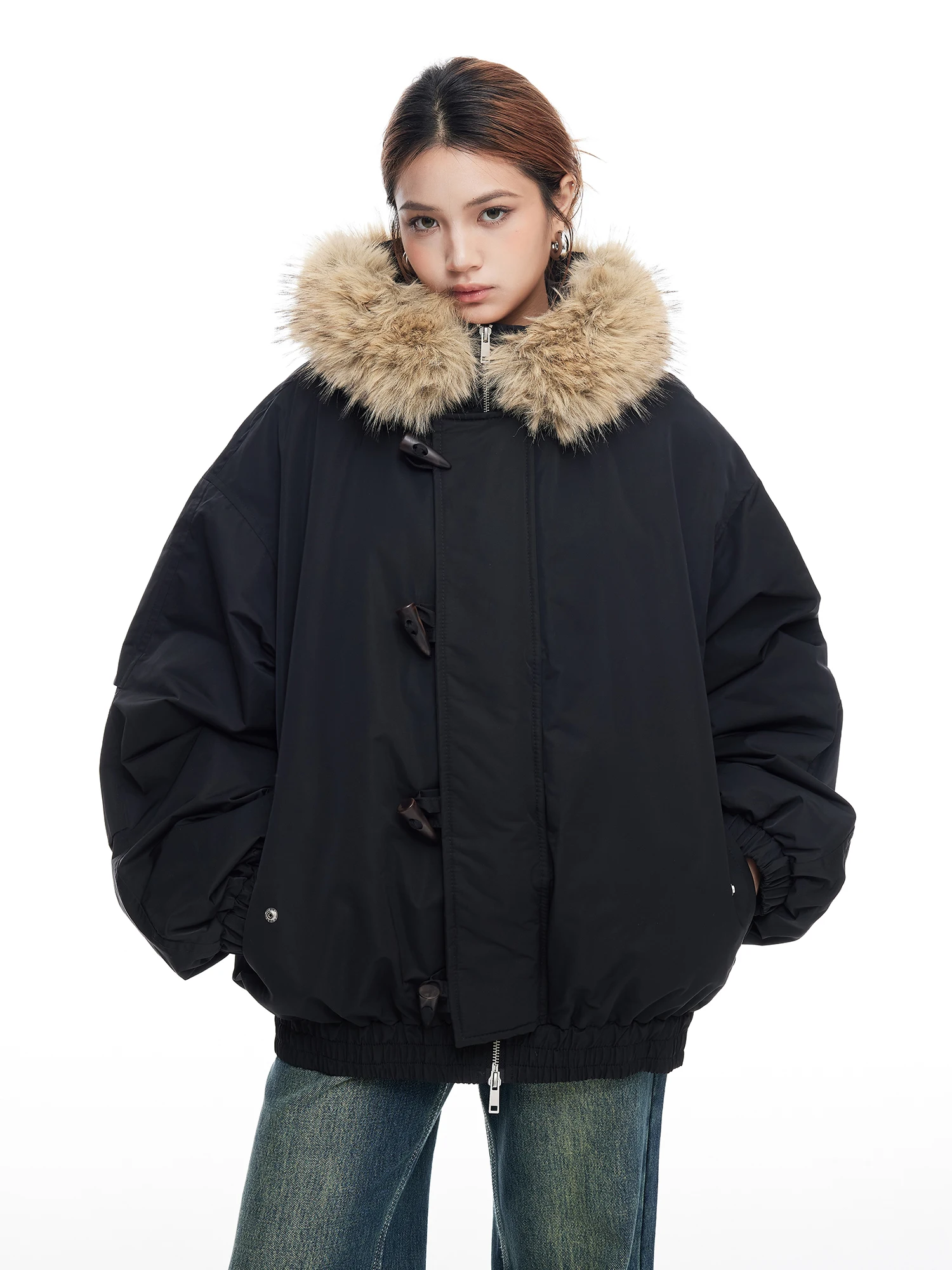 

Американское ретро-пальто оверсайз из хлопка с меховым воротником на пуговицах для женщин, утепленная зимняя верхняя одежда в уличном стиле