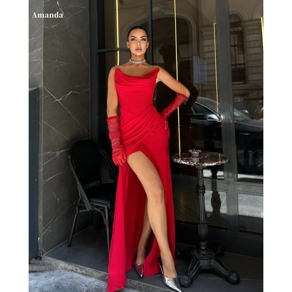 Amanda Customized Red Glitter Gloves Side Slit robes de soirée Four-Way Stretch Dresses Long Strapless Floor-Length Prom Dress