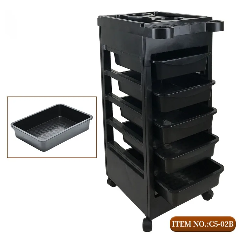 Wholesale Professional Hair Salon Furniture Lockable Black Barber Storage Tray Cart Home Spa Hairdressing Trolley With 4 Wheels