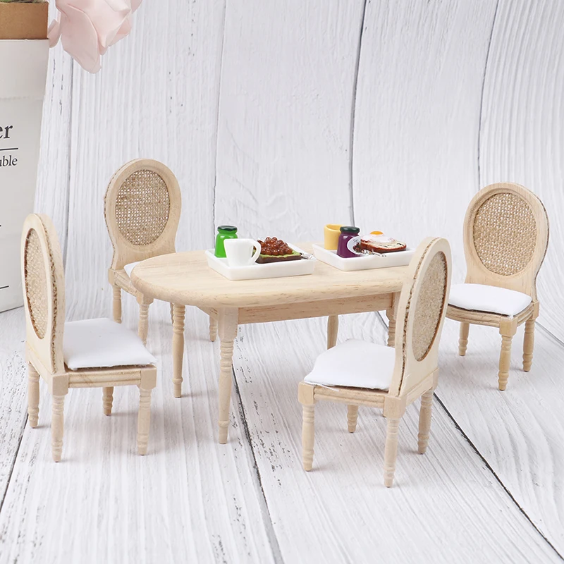 5Pcs/Set 1:12 Dollhouse Miniature Wooden Dining Table Chair Set Doll House Kitchen Furniture Toy