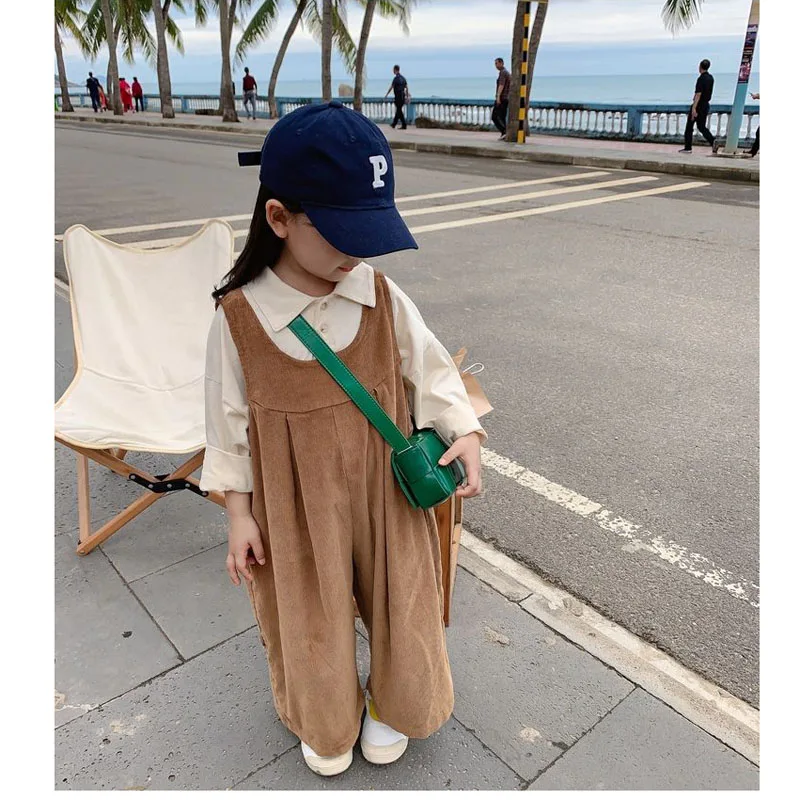 2022 Spring Strap Long Pants Autumn Loose Casual Pants Girls Baby Wide Leg Pants Retro CoffeeColor Corduroy Overalls Fashion