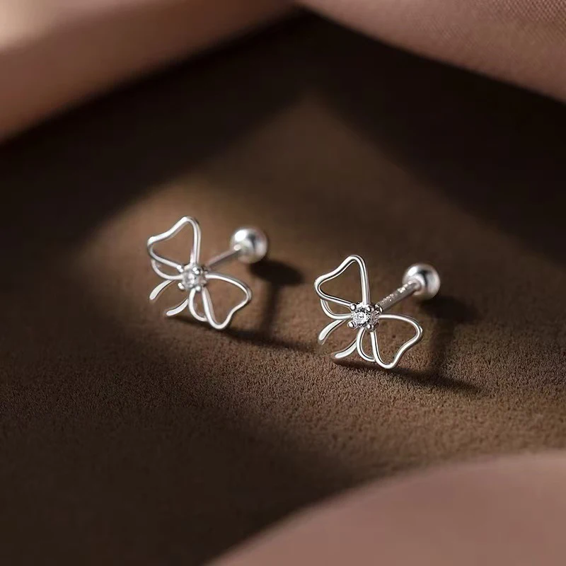 Real 925 Sterling Silver Hollow Zircon Bowknot Bead Screw Stud Earrings For Women Cute Fine Jewelry Small Niche Accessories
