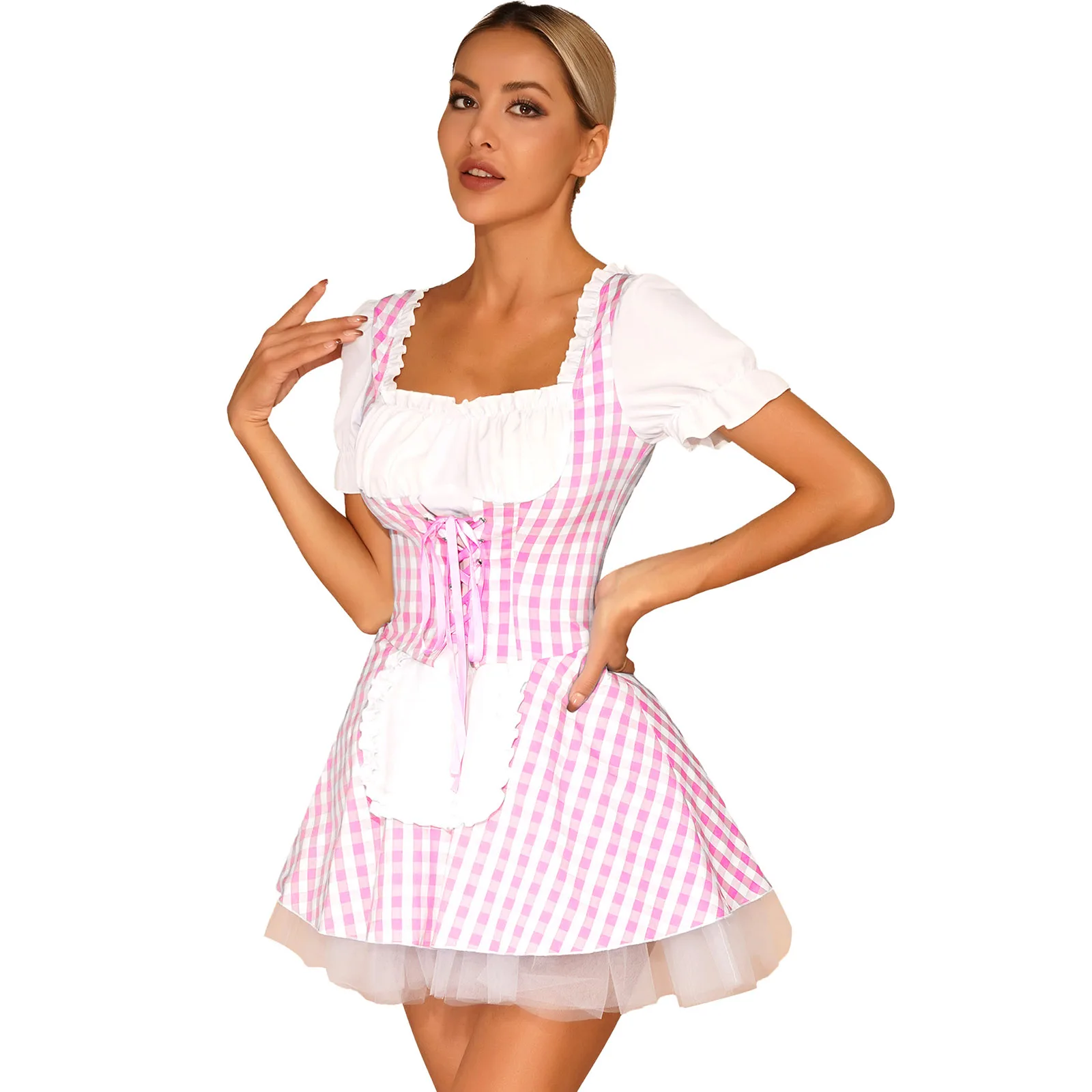 

Womens Gingham Dress Halloween Costume Miss Muffet Cosplay Fancy Dress Short Sleeve Ruffle Plaid Maid Dress with Apron Outfits