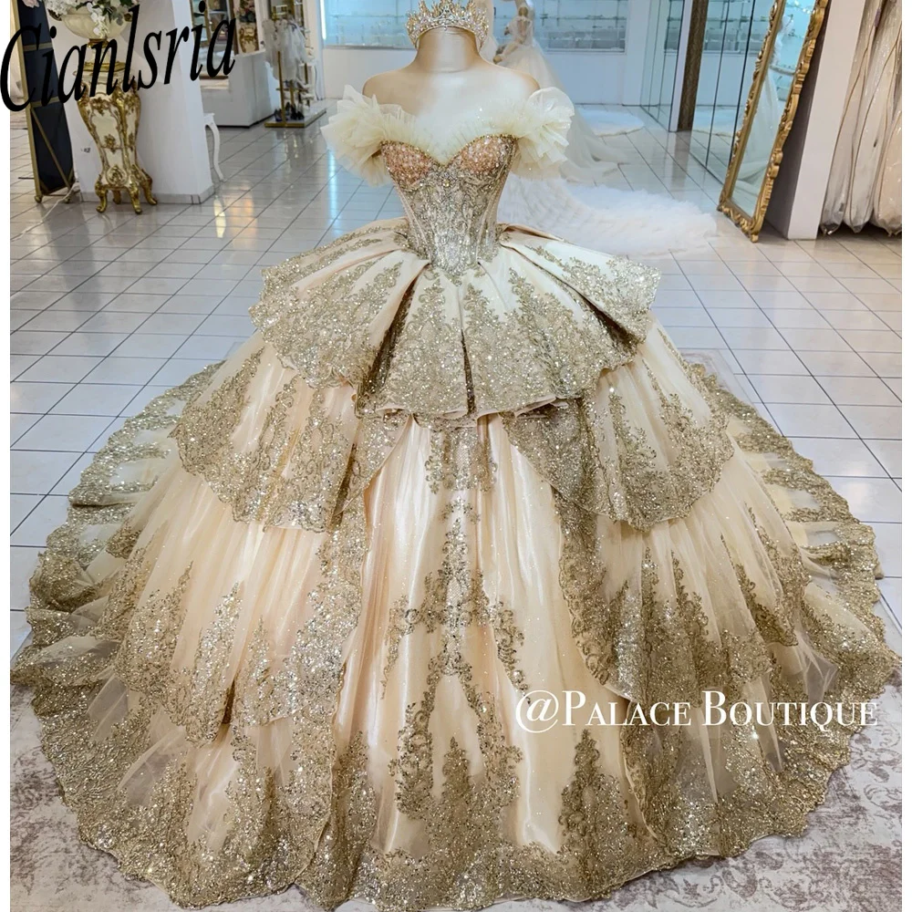 Champagne Gold Quinceanera Dress with Heavy Beaded Lace Off Shoulder Corset Ball Gown Sweet 16 Dress Vestidos De XV Años Mexico