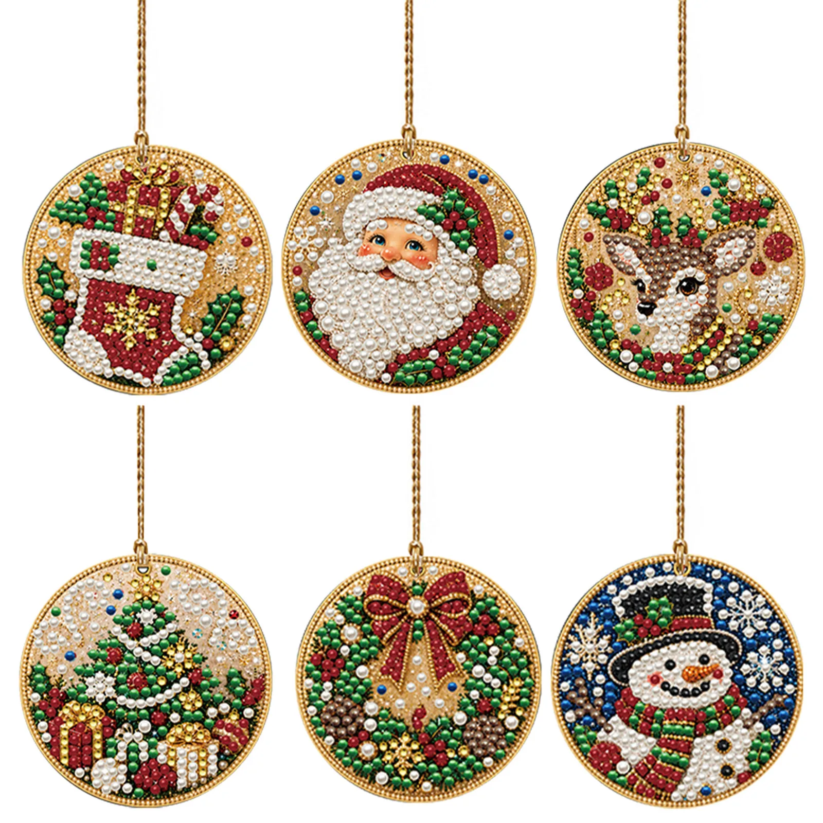 DIY Diamond Painting Christmas Ornaments 6pcs Round Wood Pendants Rhinestone Art Craft Kit with Tools Hemp Rope Included