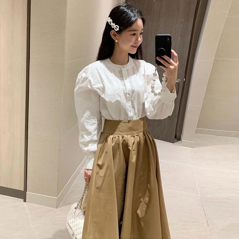 

Retro Chic round Ne Hollow out Lace Loose Bubble Sve irt with High Waist A-Line Skirt Long Dr Faion Set for Young...
