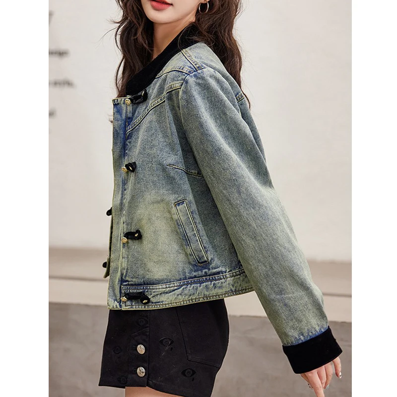 New Spring Autumn Women Trendy Vintage Harajuku Y2K Denim Jacket Korean Casual Streetwear Outewear Stand Collar Long Sleeve Coat