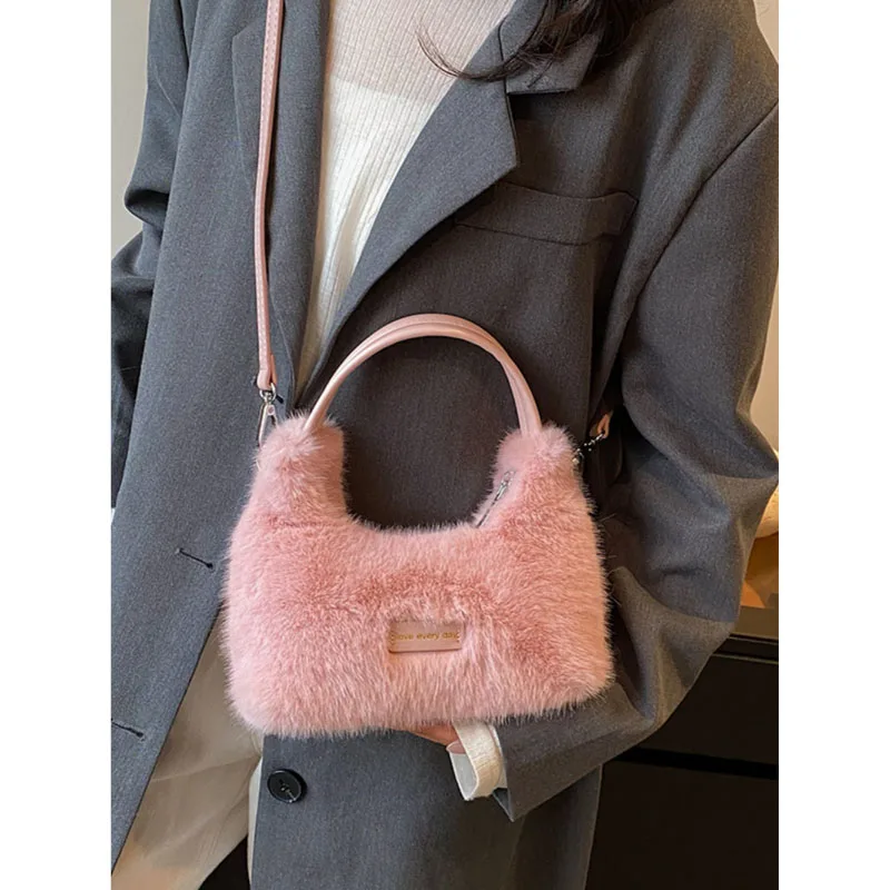 Bolso de hombro pequeño y esponjoso para mujer, bolsa pequeña con textura suave, a la moda, mininicho Popular, de Color sólido, 2023